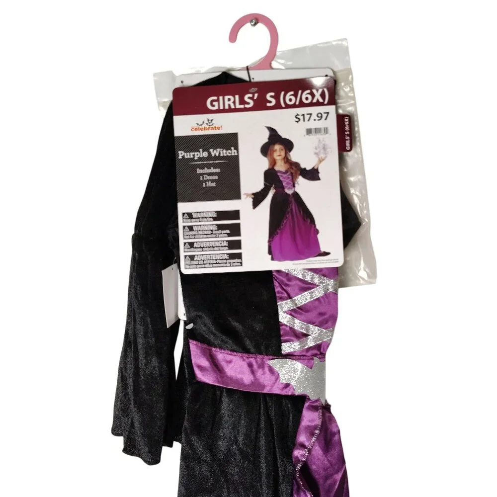 Celebrate Girls S (6/6X) Purple Witch Halloween Costume With Hat 2-Piece